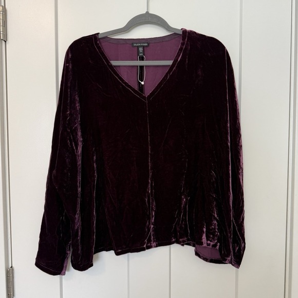Eileen Fisher Top Size XL Dolman Long Sleeve Silk Velvet V Neck Sweet Plum NWT - Picture 2 of 4